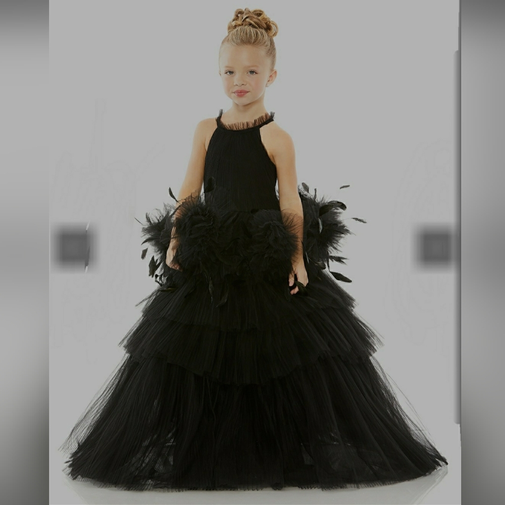 Mac Duggal Black Feather Tulle Girls Pageant Wedding Flower Gown 2 2T